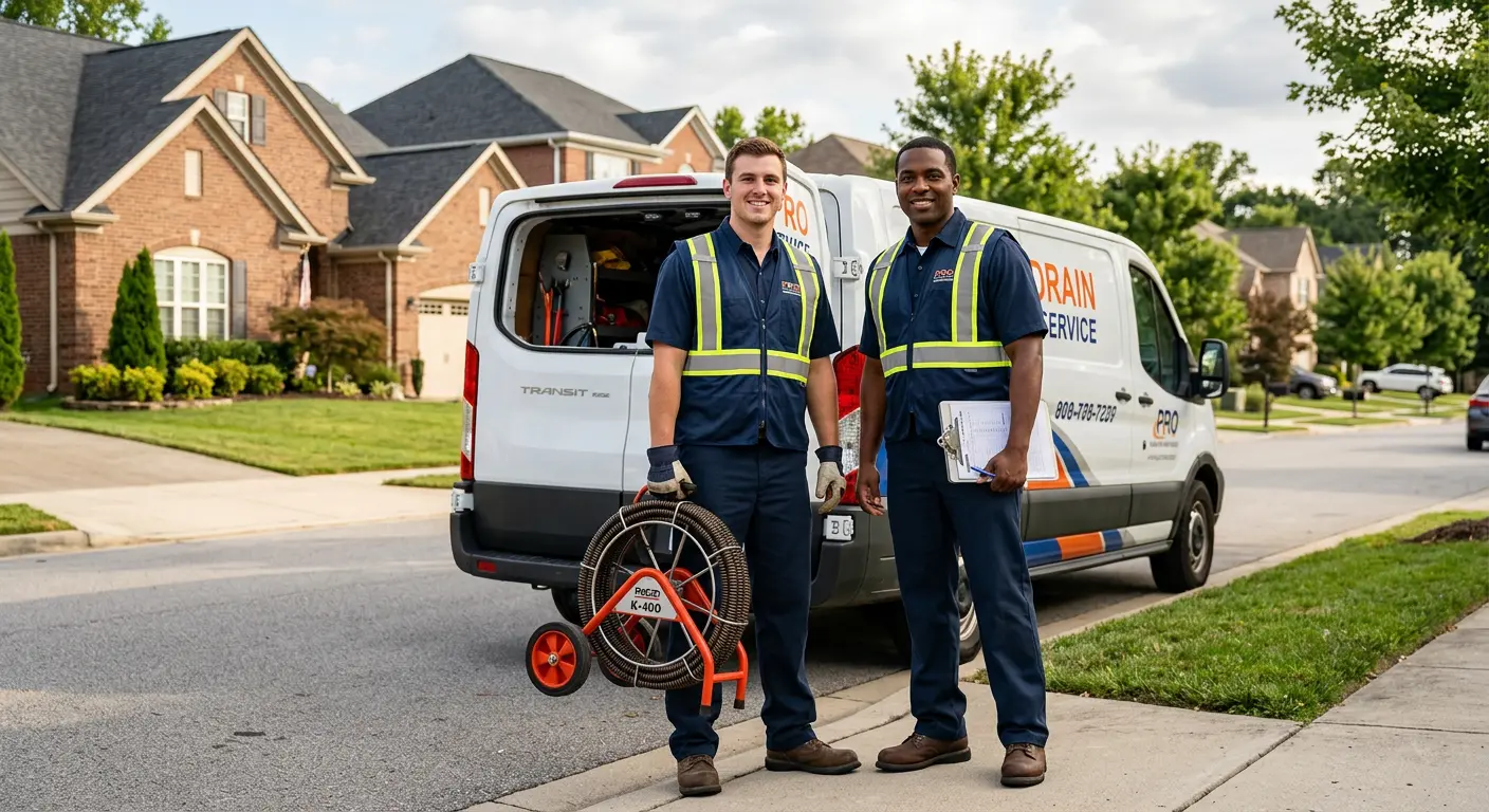 Sewer and drain service team with equipment ready for work in Union City