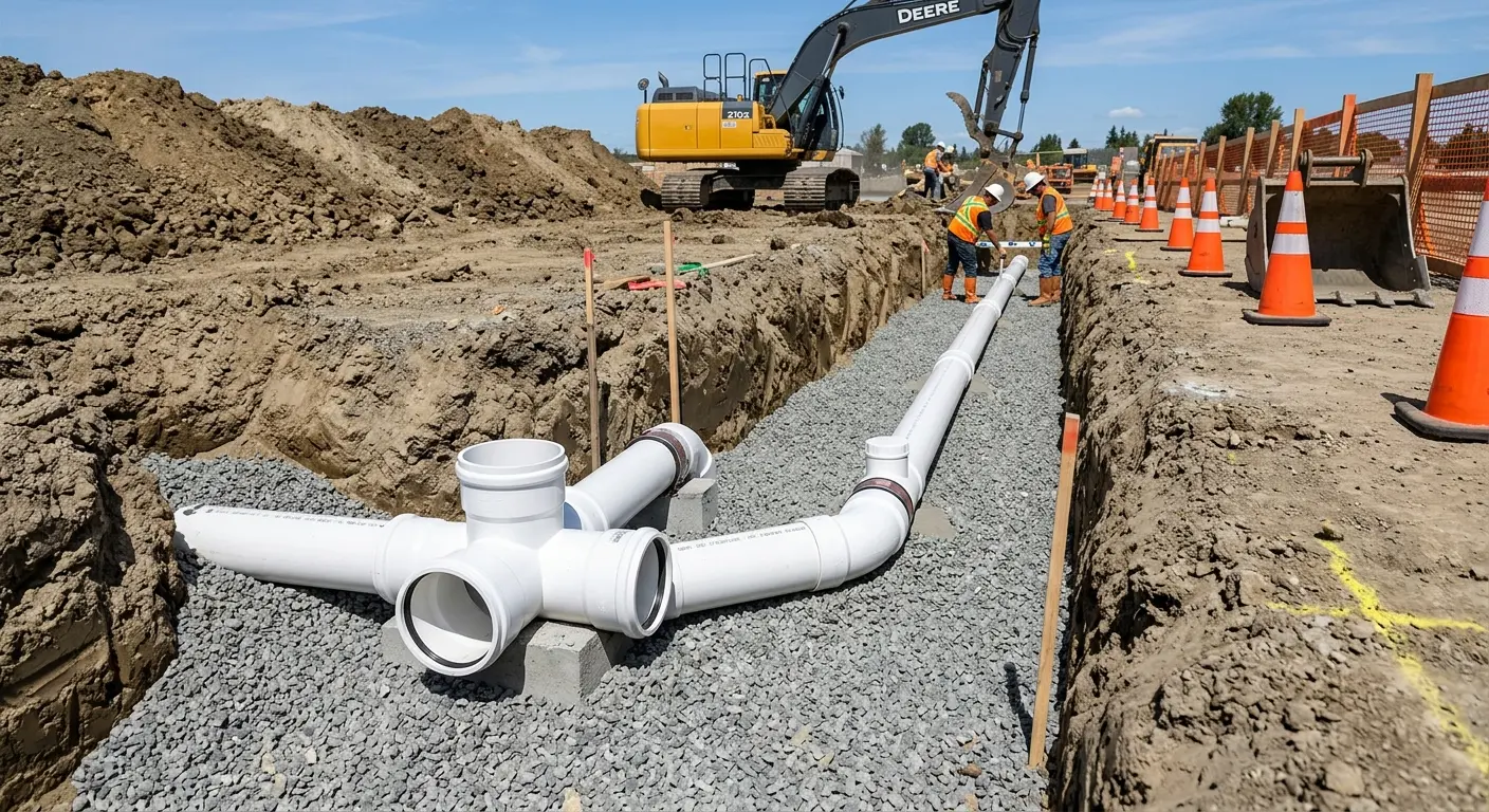 New PVC sewer pipe installation in open trench for Sewer Camera Inspection in Union City