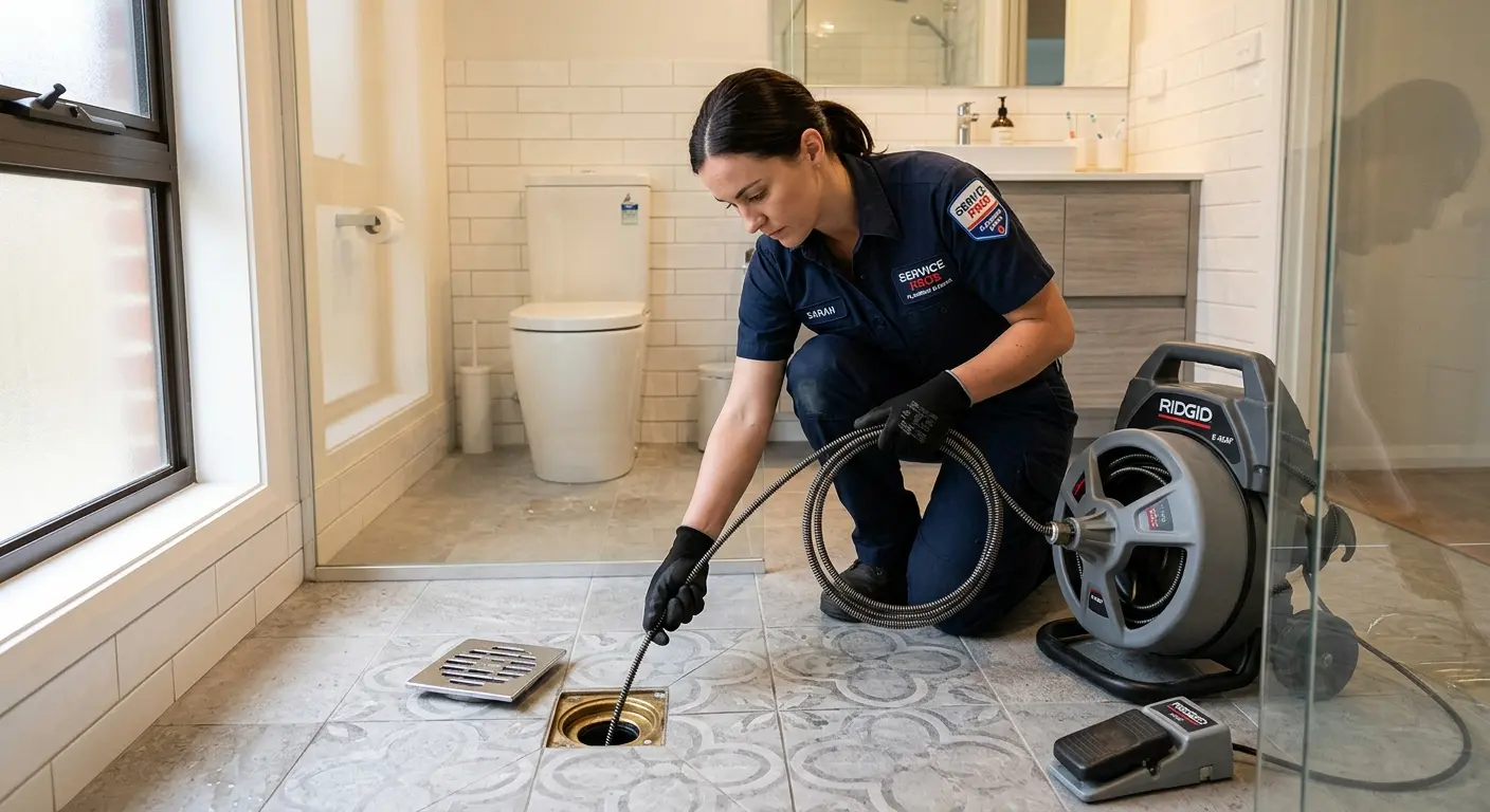 Technician clearing a bathroom floor drain for Hydro Jetting in Union City